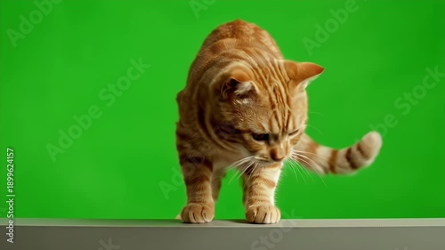Ginger Tabby Cat Vomiting Against Isolated Green Background with Bright Lighting and Sharp Focus on White Tabletop