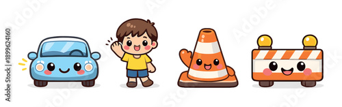 Cute cartoon child with happy car and construction objects