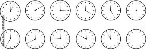 Comprehensive collection of minimalist analog clocks displaying various times, including blank faces, presented on a clean white background.