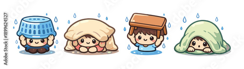 Cute cartoon kids playing in rain with creative umbrella alternatives