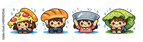 Cute cartoon characters using food for shelter in the rain