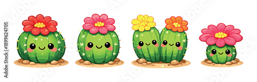 Adorable cartoon cacti family with colorful flowers on gradient background