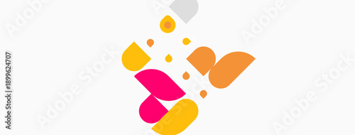 Abstract shapes, vibrant colors, playful design. Pink, orange, gray elements float above white background. Modern, simple composition.