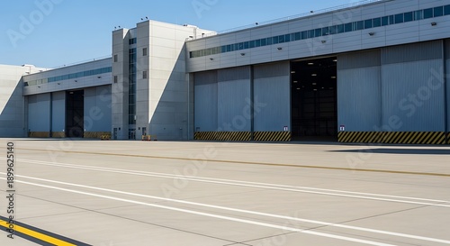Large industrial hangar doors on an airport tarmac