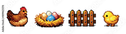 Pixel art farm scene with hen, nest, fence, and chick