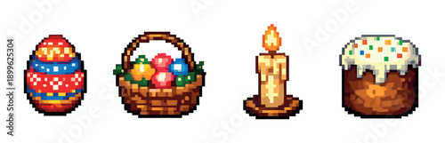 Colorful pixel art easter eggs, candle, and cake basket