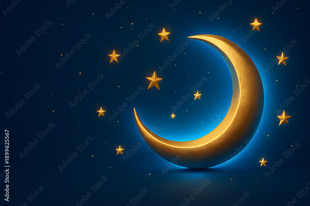 Naklejka premium A glowing crescent moon shines brightly in a dark blue night sky filled with stars