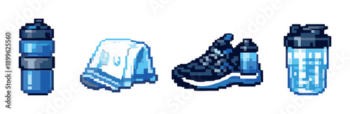 Pixel art fitness essentials: water bottle, towel, sneaker, protein shaker