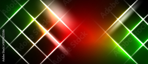 Bright neon grid pattern. Green, red, white colors blend. Diagonal lines create dynamic visual effect. Dark background enhances luminosity.