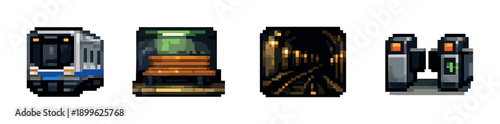 Pixel art metro elements: train, station, tunnel, turnstile icons on gray background