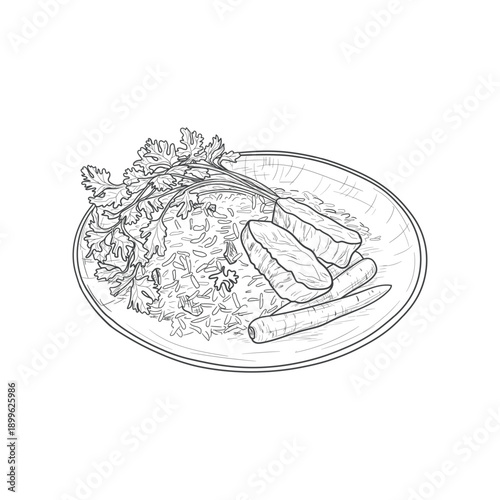 Pilaf with meat and carrots in porcelain plate, sketch. Vector illustration. Delicious dinner. Drawing isolated on white background. Concept of healthy and satisfying food and nutrition for Ramadan