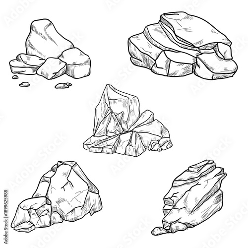 Stones, boulders, and pebbles, black and white sketches. Vector illustration. Rock fragments isolated on white background.