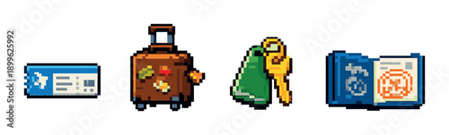 Pixel art travel icons: boarding pass, luggage, keys, passport