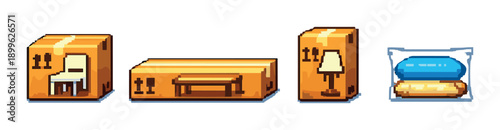 Pixel art furniture icons: chair, table, lamp, pillow set
