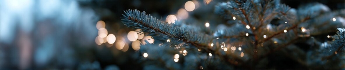 Closeup of evergreen pine branch with warm fairy lights, winter outdoor background bokeh for holiday branding, calm cozy mood for Christmas and New Year