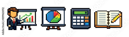 Pixel art business presentation with graphs, calculator, and open book
