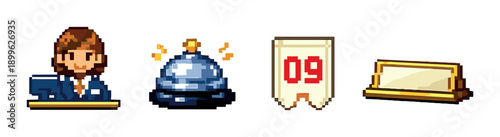 Pixel art concierge desk elements with bell, sign, and clerk