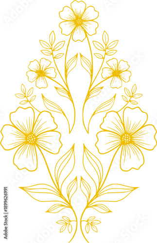Floral Illustration: Golden Flowers and Leaves on White Background
