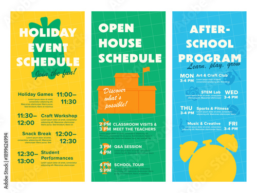 Community center holiday event schedule calendar template and open house schedule for extracurricular activities.