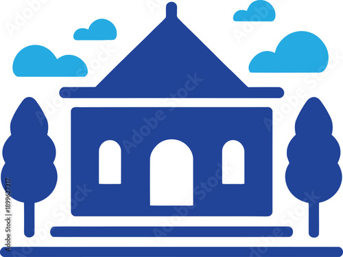 Public park gazebo icon with trees and clouds. Outdoor garden pavilion for community and recreation. Vector illustration
