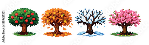 Vibrant seasonal trees: spring, summer, autumn, winter transitions illustrated