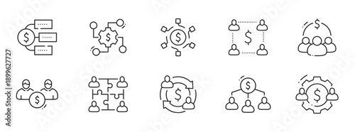 Outline stakeholder icons for management, engagement, mapping, analysis, governance, teams, finance, business, networks, charts, diagrams; clean line style, editable stroke