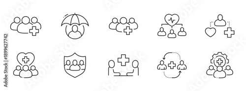 Public healthcare line icons featuring community protection, prevention, vaccination, clinics, hospitals, monitoring, insurance, education, support, telemedicine, data analytics; editable stroke