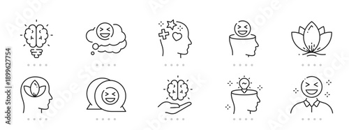 Positive mindset icon set featuring optimism, happiness, mindfulness, gratitude, resilience, lightbulb ideas, hearts, thumbsup, coaching, therapy; clean outline, editable stroke