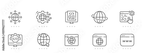 Set of black linear icons showing globe, browser window, coding screen, gear, and network connections. Web development and internet technology interface symbols in flat outline style