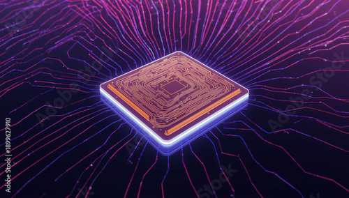 超伝導量子チップが鏡面基板に輝く概念ビジュアル、冷却の気配と微細配線