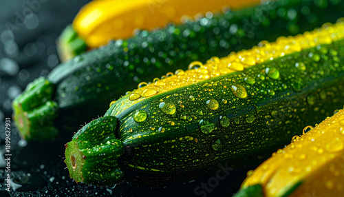 Green and yellow zucchini with water droplets on dark background, fresh farm food, appetizing organic