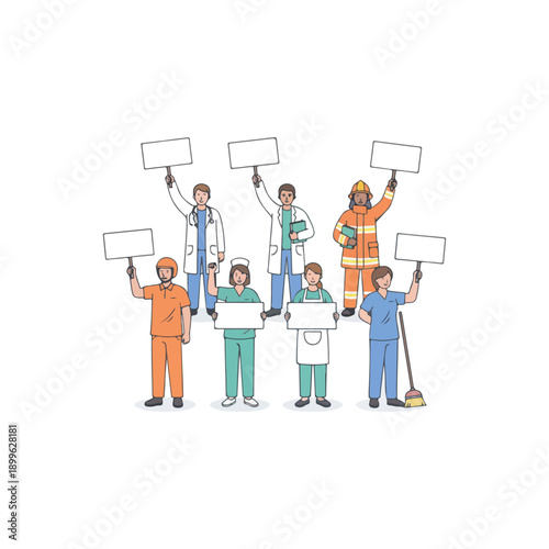 Diverse group of professionals holding blank signs for protest or demonstration.