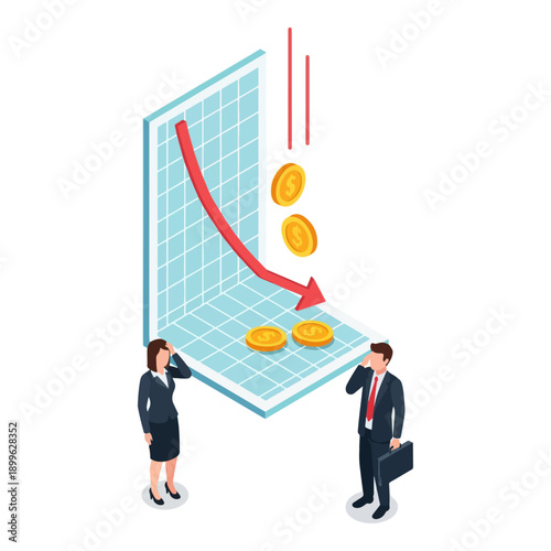Business people observing a financial graph with a downward trend and falling coins.