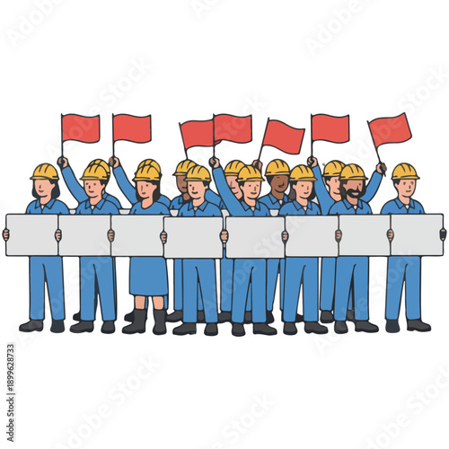 Diverse group of workers holding red flags and a long white banner.