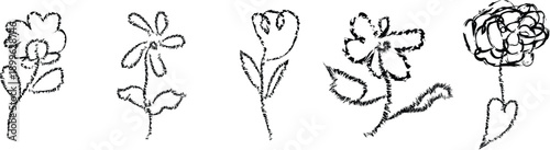 A set of five different flower line drawings with leaves and stems on a white background