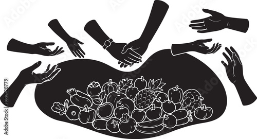 Hands Reaching for Fresh Fruits and Vegetables Together Sharing