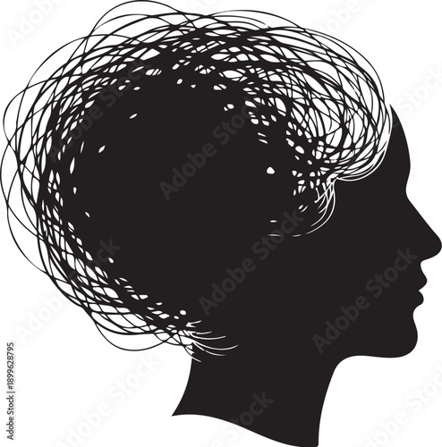 Illustration of a person's head with chaotic thoughts inside