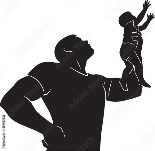 Silhouette of a muscular man holding up a child