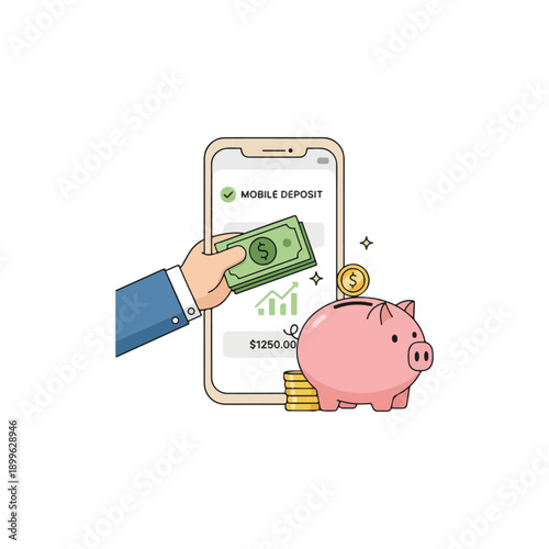 Mobile Deposit and Savings - Hand with Money, Phone, and Piggy Bank.