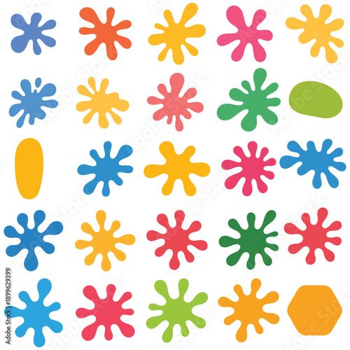 Colorful paint splatter vector icon set, bright ink splash and blot collection isolated on white background