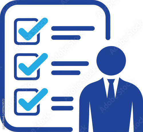 Professional businessman with checklist icon. Recruitment, human resources, and task management. Survey, profile, and success report. Vector illustration