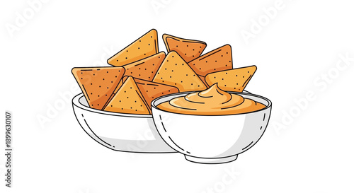 A bowl of chips and a bowl of dip on a clean white background, viewed from directly above
