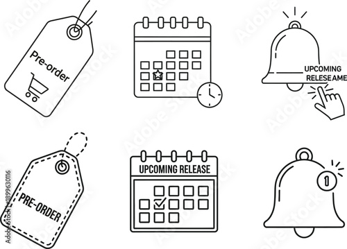 Collection of icons representing pre-order and upcoming release dates with calendar and bell notifications