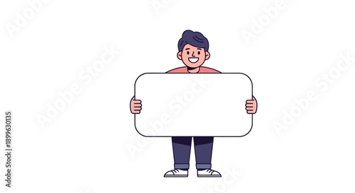 Illustration of a cartoon man holding a blank sign in front of him with a friendly smile and casual attire standing against a plain background from a straight viewpoint