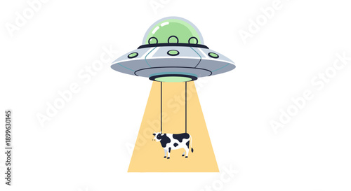 A cartoon dog being lifted by a UFO in a cartoonish illustration from a straightforward viewpoint