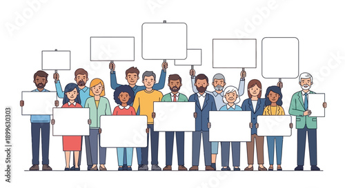 Diverse group of people holding blank signs and protesting together in a peaceful demonstration from a front viewpoint