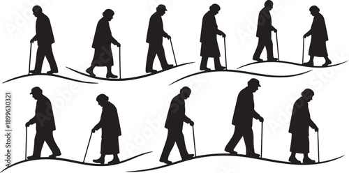 Elderly couple walking with canes in various positions slowly