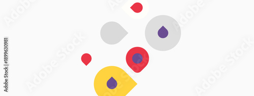 Abstract colorful shapes scattered across white background. Minimalist design, simple forms, playful composition.