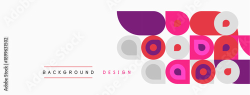 Abstract geometric shapes, vibrant colors, modern design elements. Background features circles, squares, rectangles, overlapping forms.