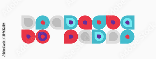 Colorful circles, squares form repeating pattern. Minimalist design, playful aesthetic, bright hues present. Simple geometry dominates composition.